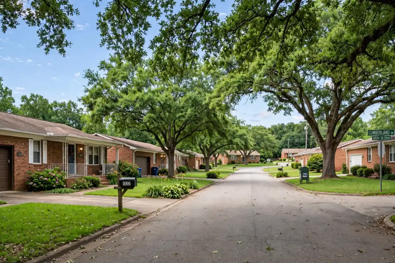 Tree-lined residential street with brick homes in Greer, SC