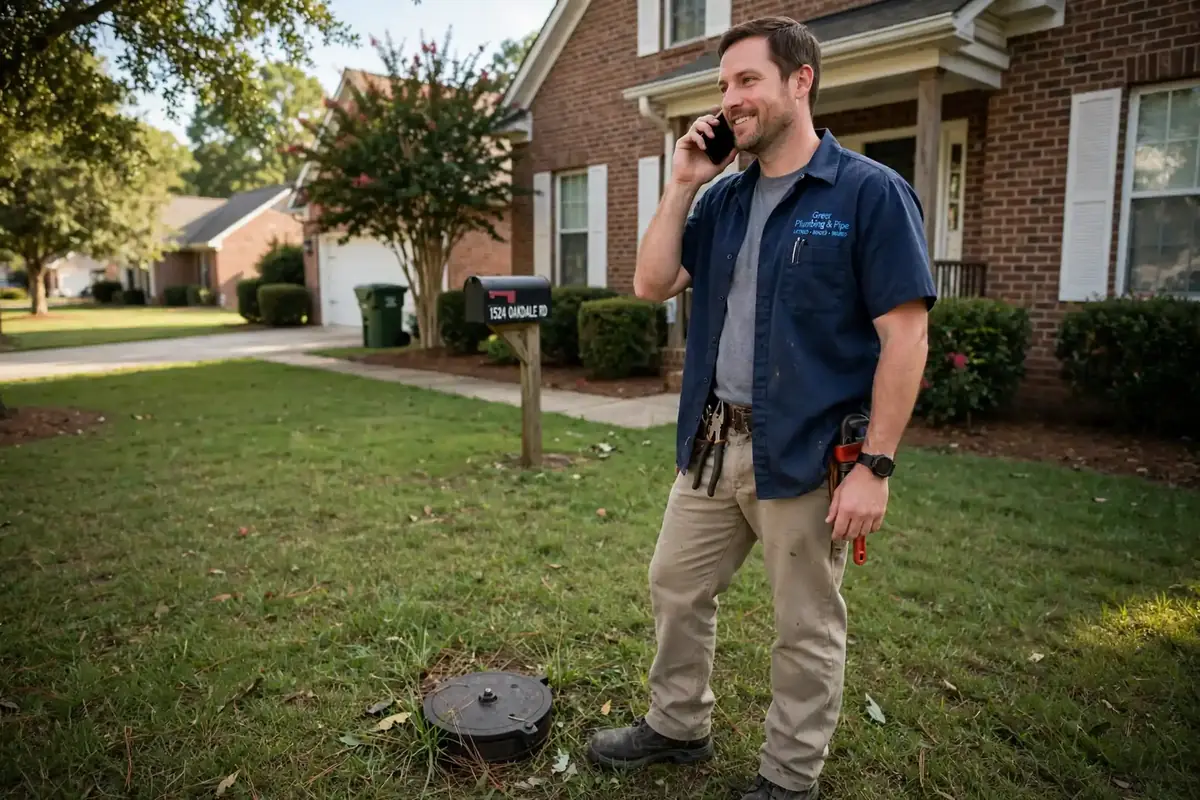Plumber on the phone beside a sewer cleanout in a Greer front yard