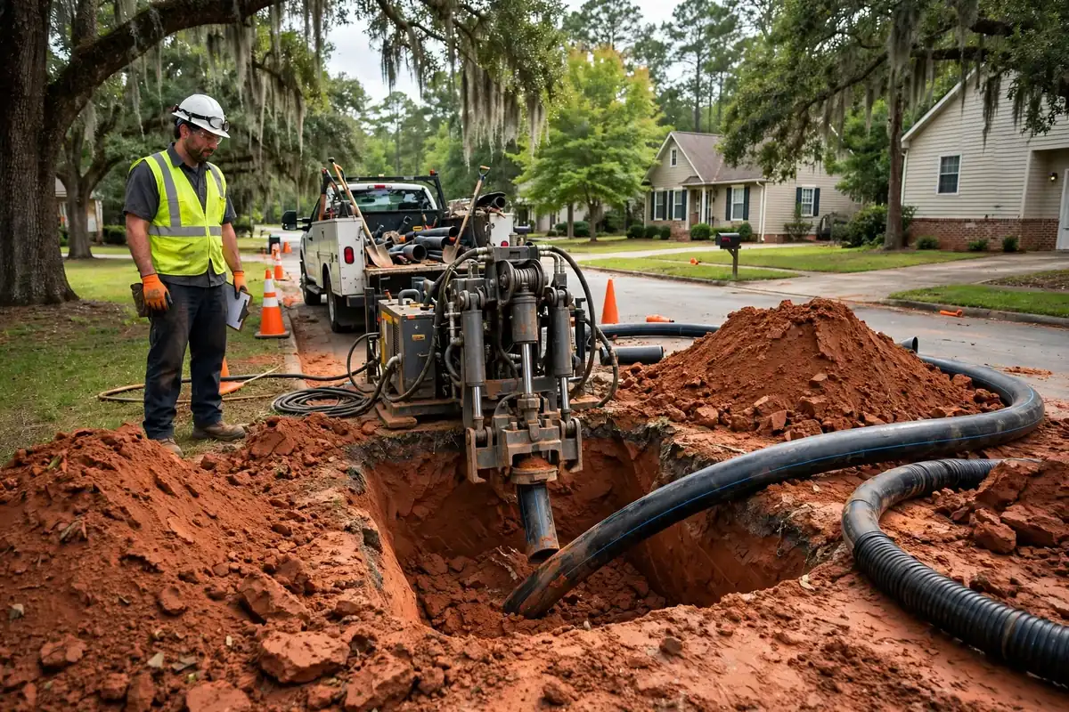 Pipe bursting rig pulling new HDPE pipe through an old sewer line