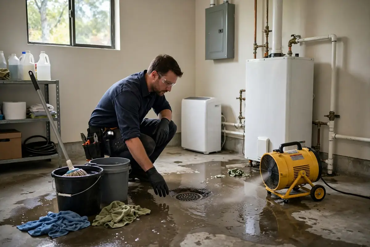 Technician assessing a utility room after a sewer backup in Greer, SC