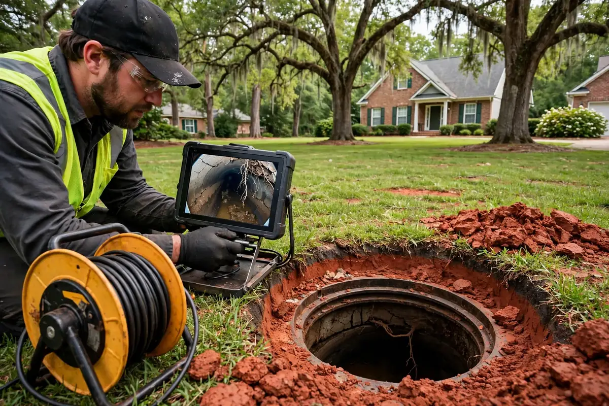 Sewer camera inspection screen showing the inside of a residential sewer pipe in Greer, SC