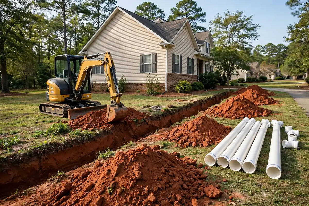 Sewer line replacement excavation with new PVC pipe ready to install in Greer, SC