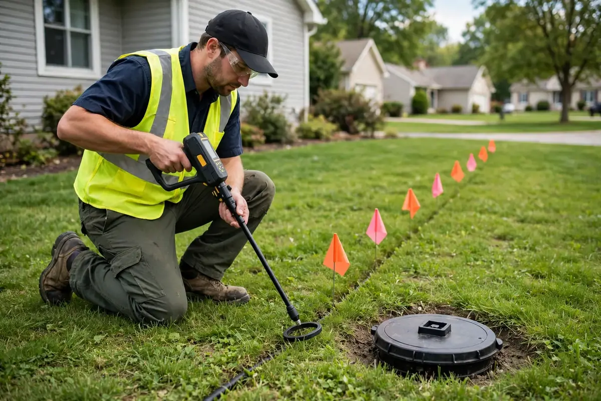 Locator being used at a sewer cleanout to pinpoint a buried line's position and depth