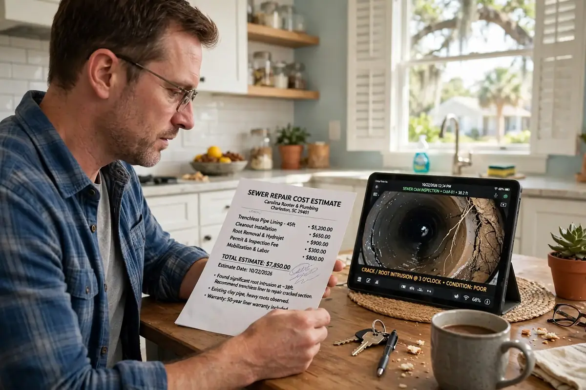 Homeowner reviewing a sewer repair estimate next to camera footage on a tablet