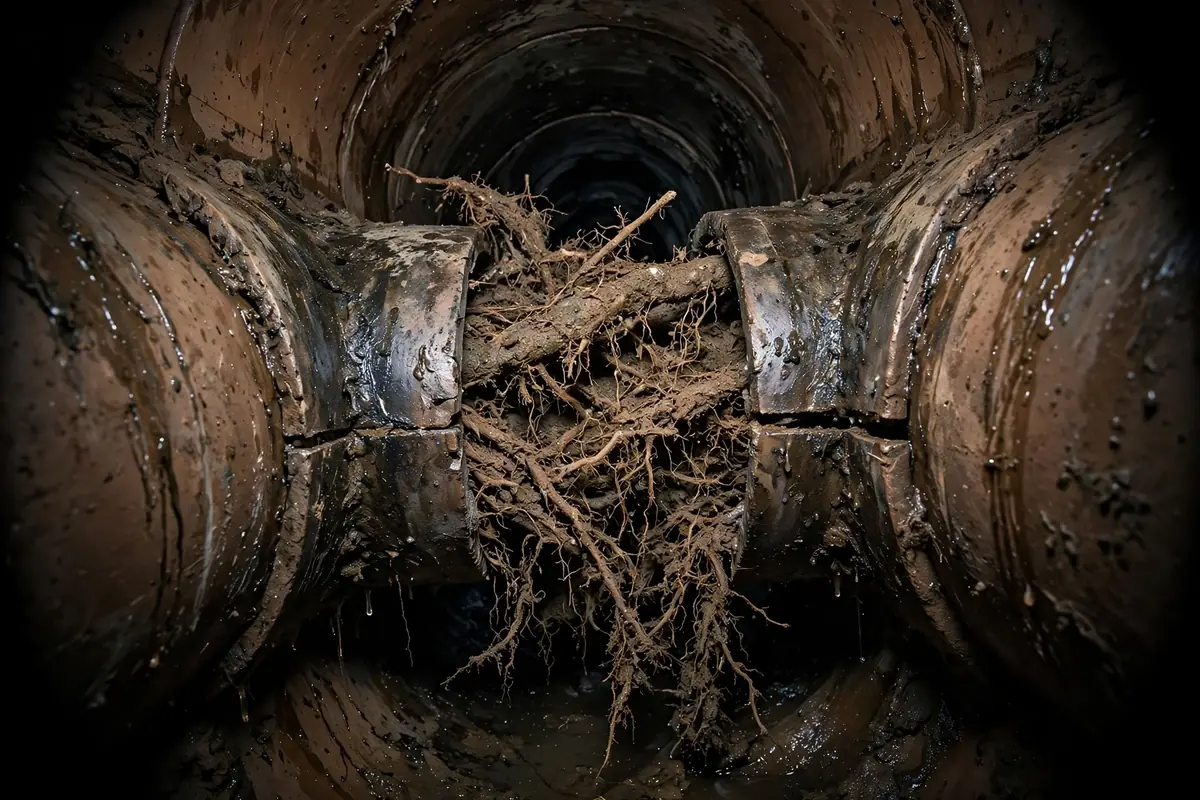 Camera view of tree roots growing through a joint inside a sewer pipe in Greer, SC