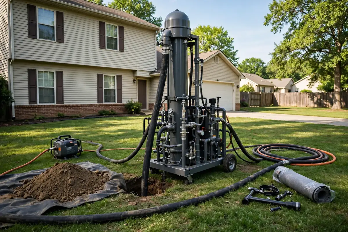 Trenchless CIPP liner being installed inside a residential sewer line in Greer, SC